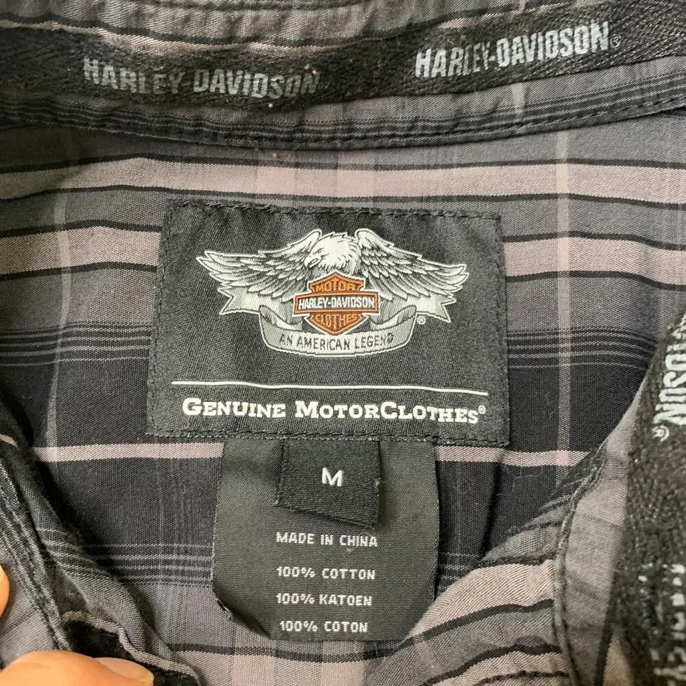 Harley Davidson Shirt Men M Medium Gray Black Cotton Plaid Button Up Long Sleeve